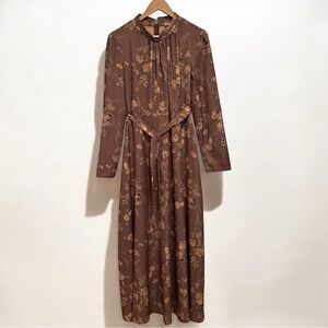 DMN by OZDUMAN Women’s Floral Brown Long Sleeve Maxi Dress with Empire Waist, LG